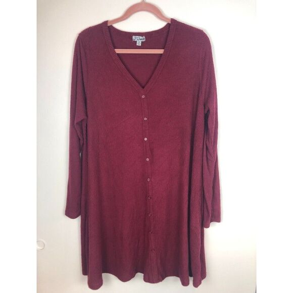 J For Justify Ribbed Long Button Up Cardigan 2X Red V-Neck Preppy Academia - Picture 1 of 6